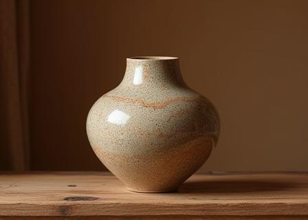 Handmade ceramic vase with intricate glaze pattern on a wooden shelf.
