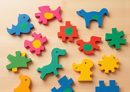 Colourful handmade wooden puzzle pieces shaped like animals, spread on a table.