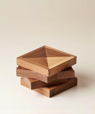 Set of four geometric wooden coasters crafted from different wood tones.