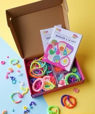 A colourful kids craft kit box containing beads, string, and instructions for making bracelets.