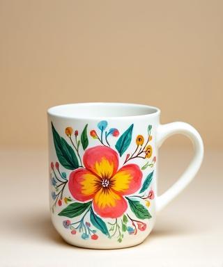 Hand-painted ceramic mug featuring vibrant, colourful floral patterns on a white background.