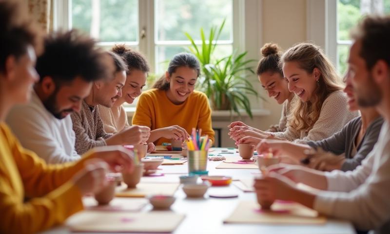 Group of people smiling and crafting together at a workshop table, focused on their projects.